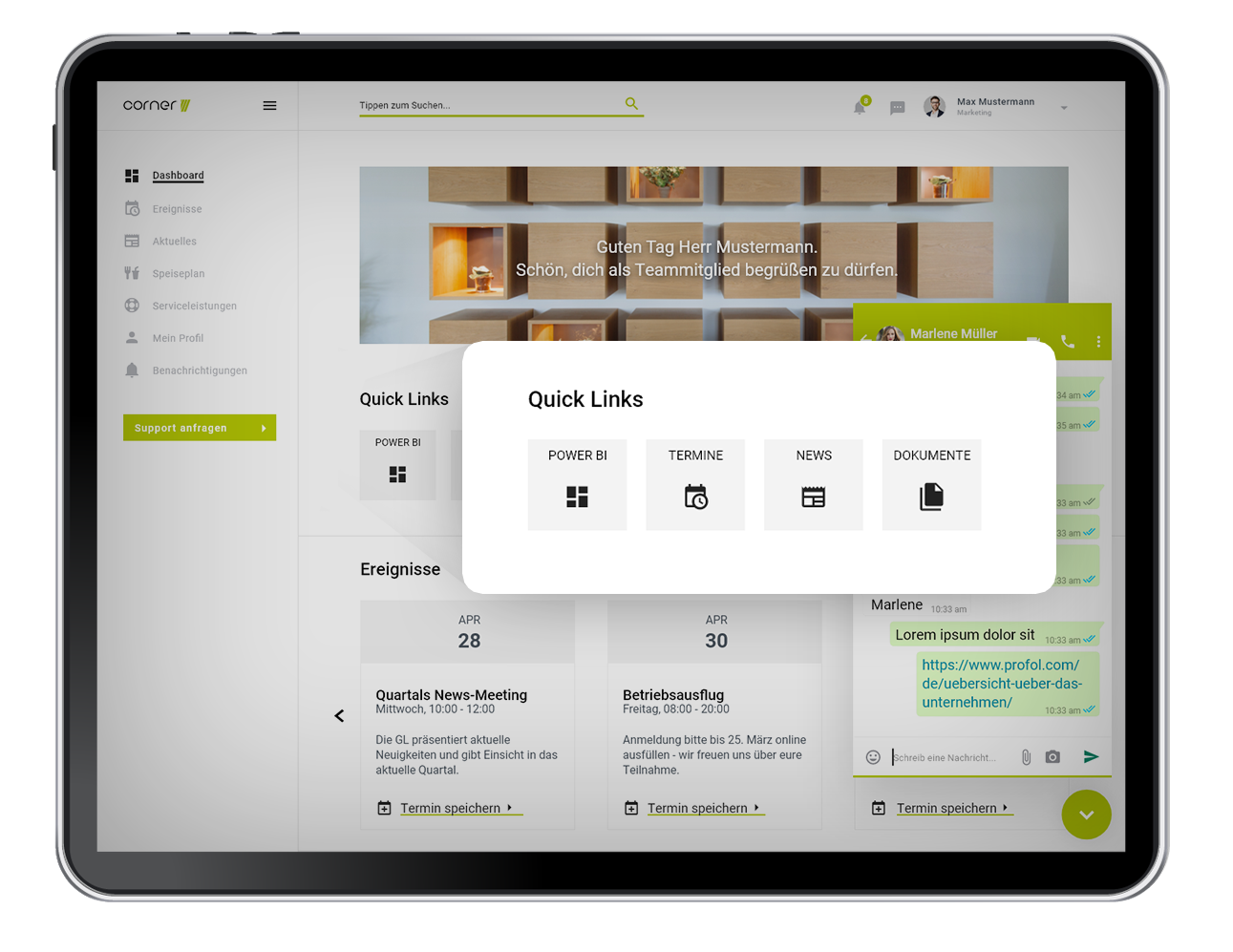 Tablet Screen Quick Links in Mitarbeiter App